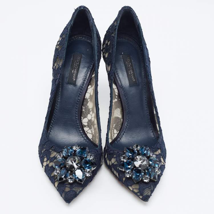 Pre Owned Dolce & Gabbana Navy Blue Lace and Mesh Bellucci Pumps Size 37.5