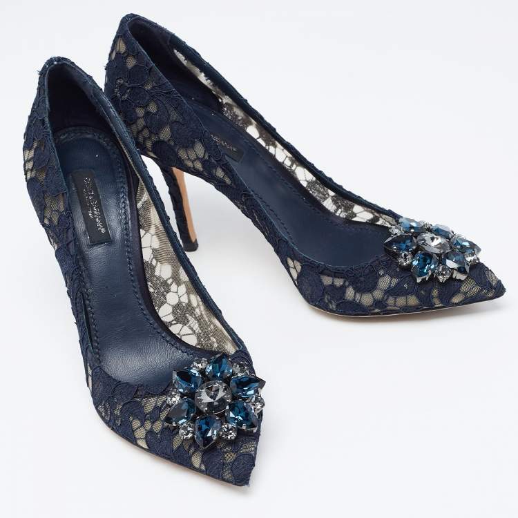 Pre Owned Dolce & Gabbana Navy Blue Lace and Mesh Bellucci Pumps Size 37.5