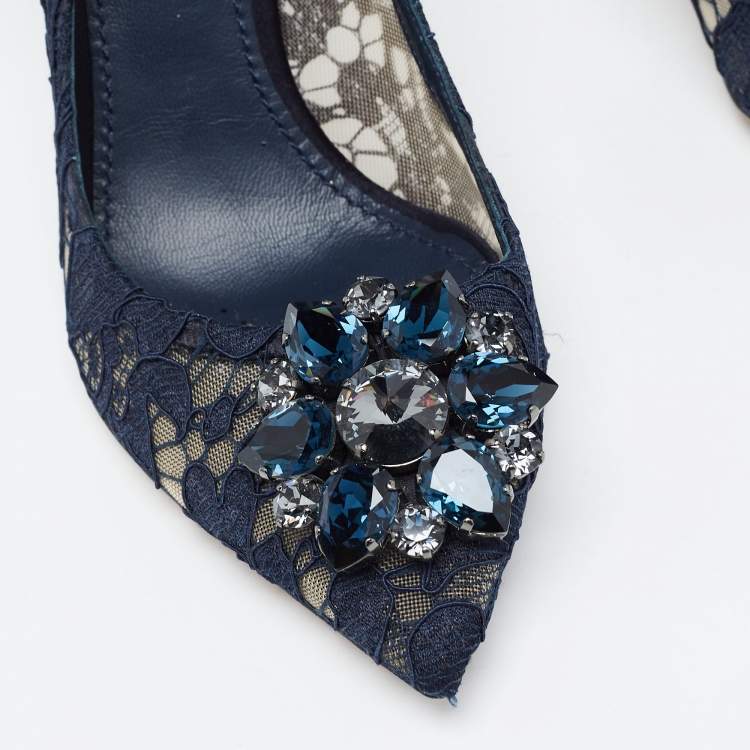 Pre Owned Dolce & Gabbana Navy Blue Lace and Mesh Bellucci Pumps Size 37.5