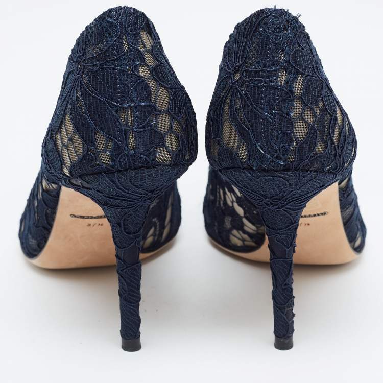 Pre Owned Dolce & Gabbana Navy Blue Lace and Mesh Bellucci Pumps Size 37.5
