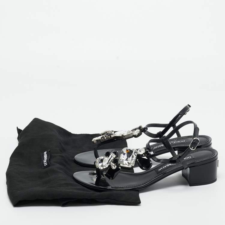 Pre Owned Dolce & Gabbana Black Patent Leather Crystal Embellished Ankle Strap Sandals Size 37