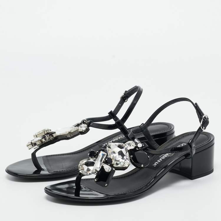 Pre Owned Dolce & Gabbana Black Patent Leather Crystal Embellished Ankle Strap Sandals Size 37