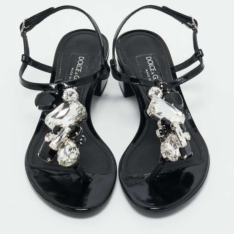 Pre Owned Dolce & Gabbana Black Patent Leather Crystal Embellished Ankle Strap Sandals Size 37