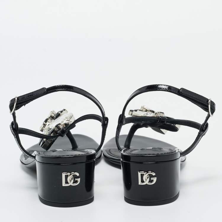 Pre Owned Dolce & Gabbana Black Patent Leather Crystal Embellished Ankle Strap Sandals Size 37