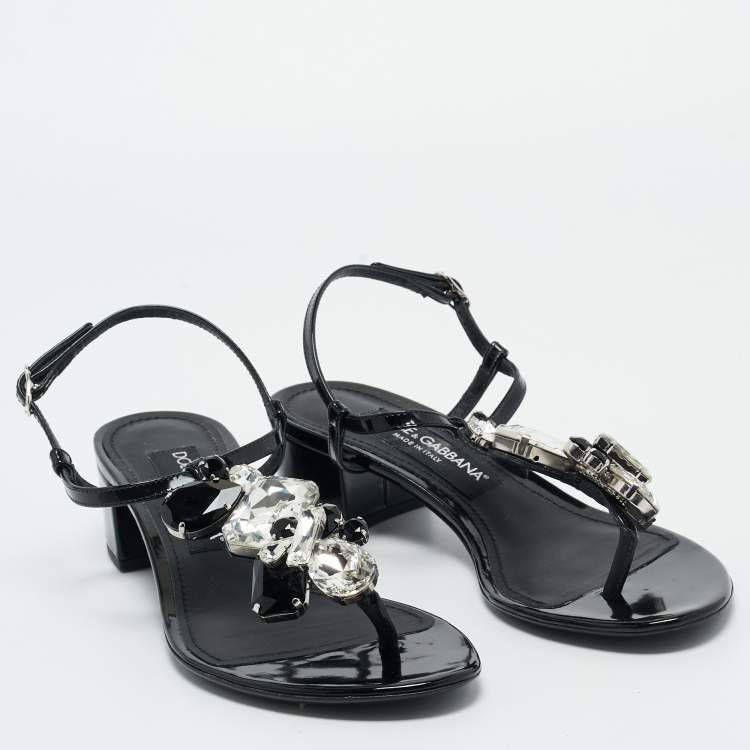 Pre Owned Dolce & Gabbana Black Patent Leather Crystal Embellished Ankle Strap Sandals Size 37