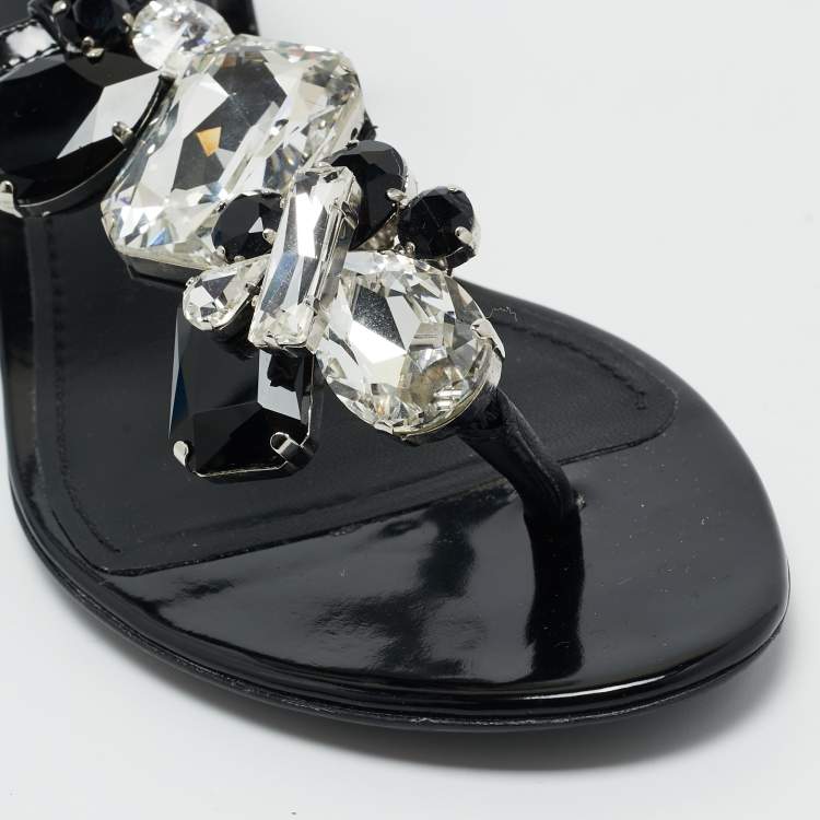 Pre Owned Dolce & Gabbana Black Patent Leather Crystal Embellished Ankle Strap Sandals Size 37