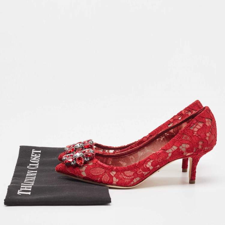 مملوكة مسبقًا Dolce & Gabbana Red Mesh and Lace Crystal Embellished Belluci Pumps Size 37.5