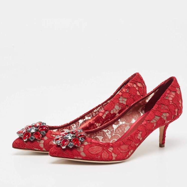 مملوكة مسبقًا Dolce & Gabbana Red Mesh and Lace Crystal Embellished Belluci Pumps Size 37.5
