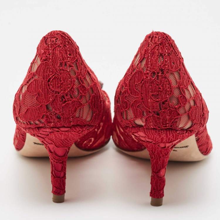 مملوكة مسبقًا Dolce & Gabbana Red Mesh and Lace Crystal Embellished Belluci Pumps Size 37.5