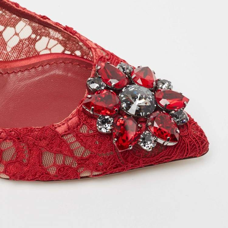 مملوكة مسبقًا Dolce & Gabbana Red Mesh and Lace Crystal Embellished Belluci Pumps Size 37.5