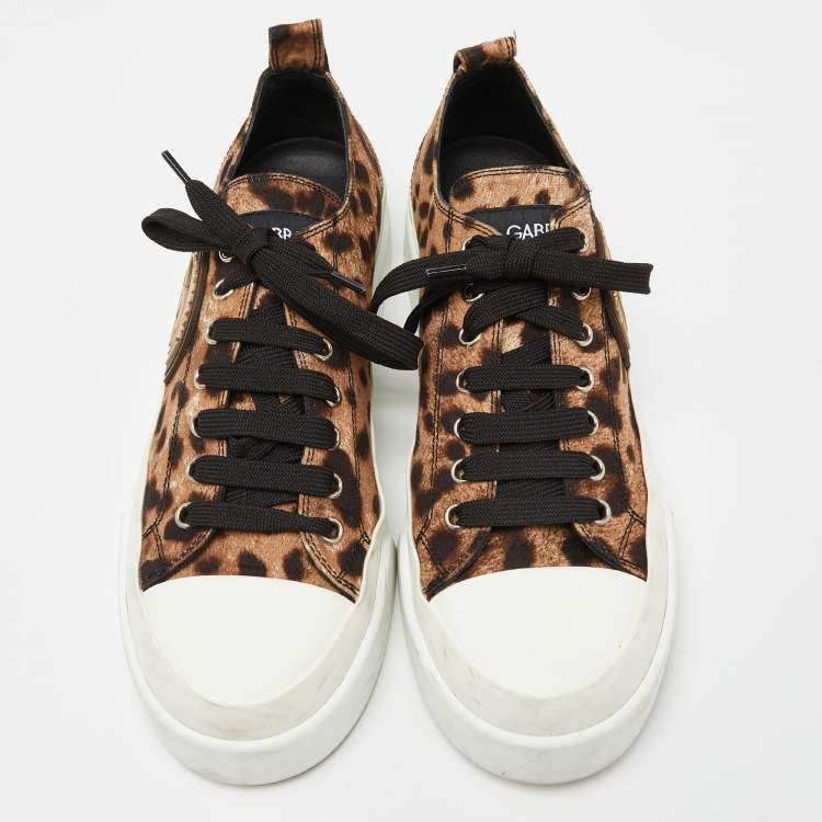 Pre Owned Dolce & Gabbana Brown Leopard Print Canvas Lace Low Top Sneakers Size 39