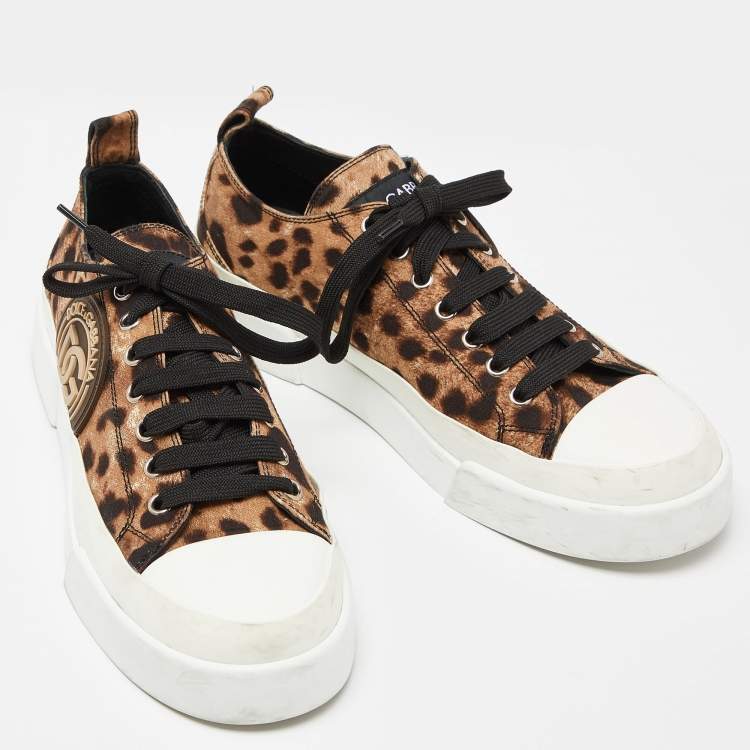 Pre Owned Dolce & Gabbana Brown Leopard Print Canvas Lace Low Top Sneakers Size 39