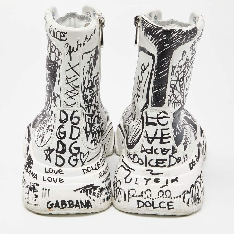 Pre Owned Dolce & Gabbana White/Black Graffiti Print Leather Daymaster Sneakers Size 39