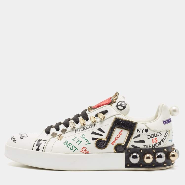 Pre Owned Dolce & Gabbana White Leather Portofino Graffiti Heart Applique Low top Sneakers Size 39