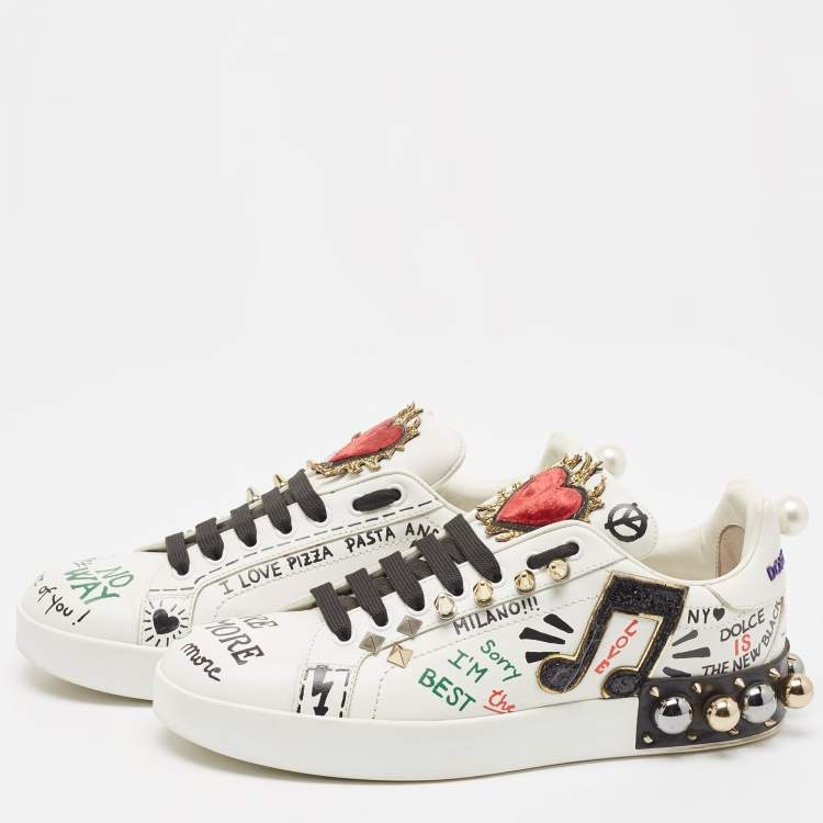 Pre Owned Dolce & Gabbana White Leather Portofino Graffiti Heart Applique Low top Sneakers Size 39