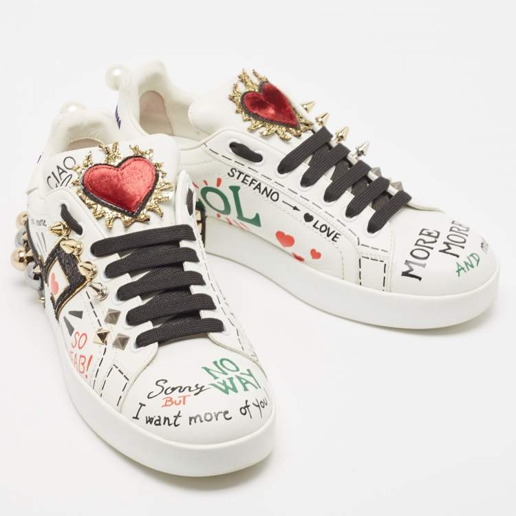 Pre Owned Dolce & Gabbana White Leather Portofino Graffiti Heart Applique Low top Sneakers Size 39