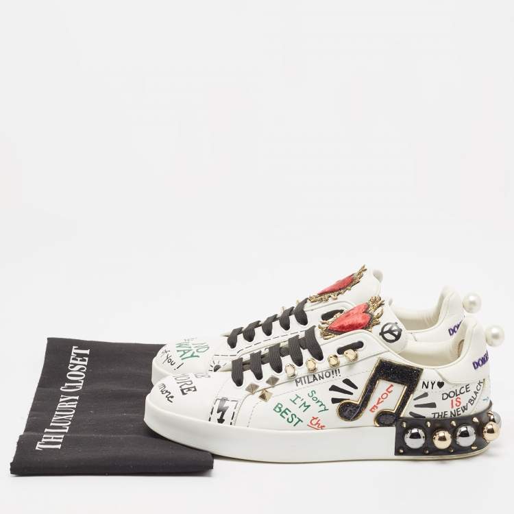 Pre Owned Dolce & Gabbana White Leather Portofino Graffiti Heart Applique Low top Sneakers Size 39