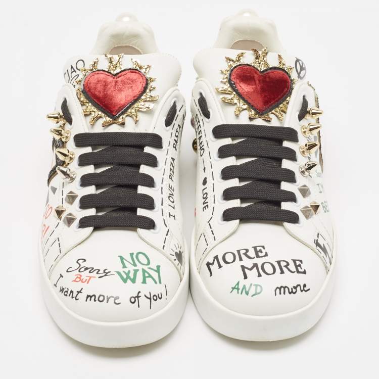 Pre Owned Dolce & Gabbana White Leather Portofino Graffiti Heart Applique Low top Sneakers Size 39