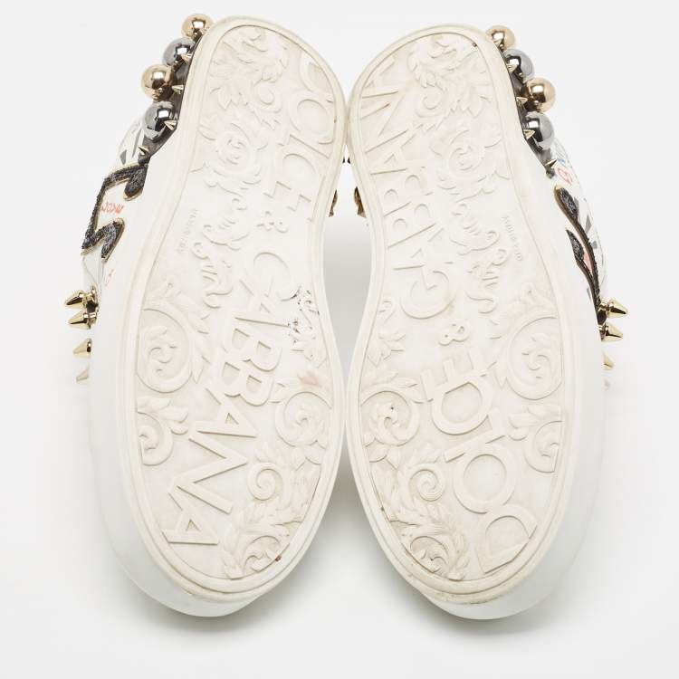 Pre Owned Dolce & Gabbana White Leather Portofino Graffiti Heart Applique Low top Sneakers Size 39