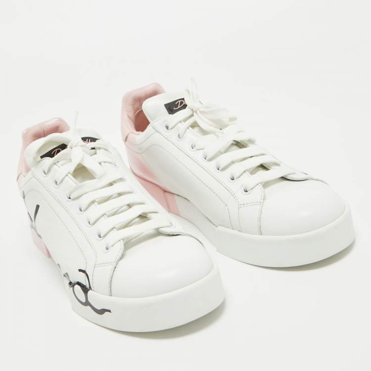 Pre Owned Dolce & Gabbana White/Mauve Leather Portofino Low Top Sneakers Size 39