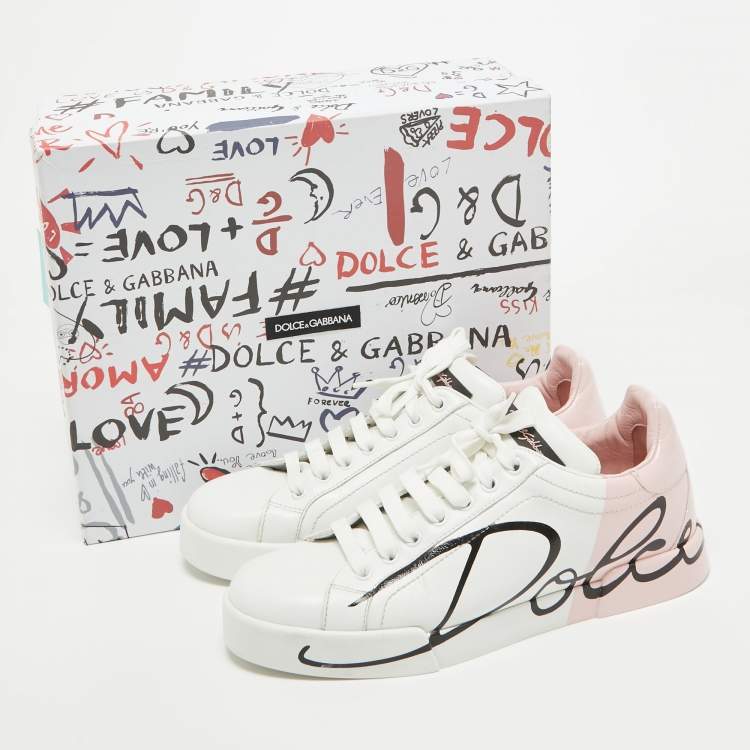 Pre Owned Dolce & Gabbana White/Mauve Leather Portofino Low Top Sneakers Size 39