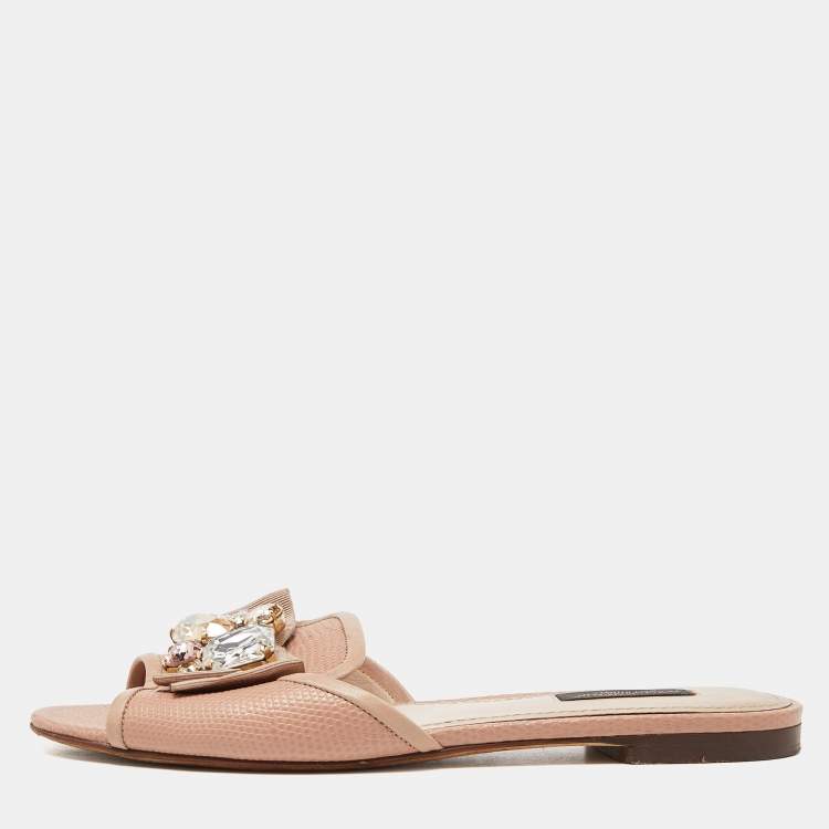 Pre Owned Dolce & Gabbana Pink Lizard Embossed Leather Crystal Embellished Bow Flat Slides Size 37