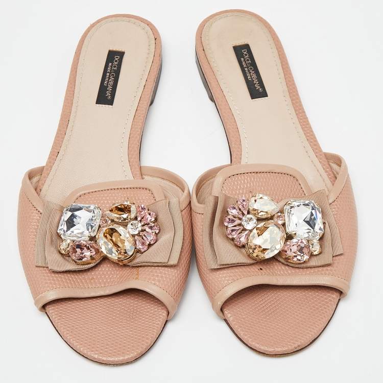 Pre Owned Dolce & Gabbana Pink Lizard Embossed Leather Crystal Embellished Bow Flat Slides Size 37