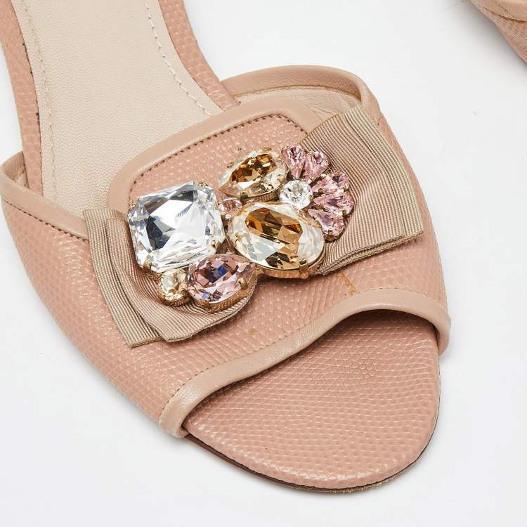 Pre Owned Dolce & Gabbana Pink Lizard Embossed Leather Crystal Embellished Bow Flat Slides Size 37
