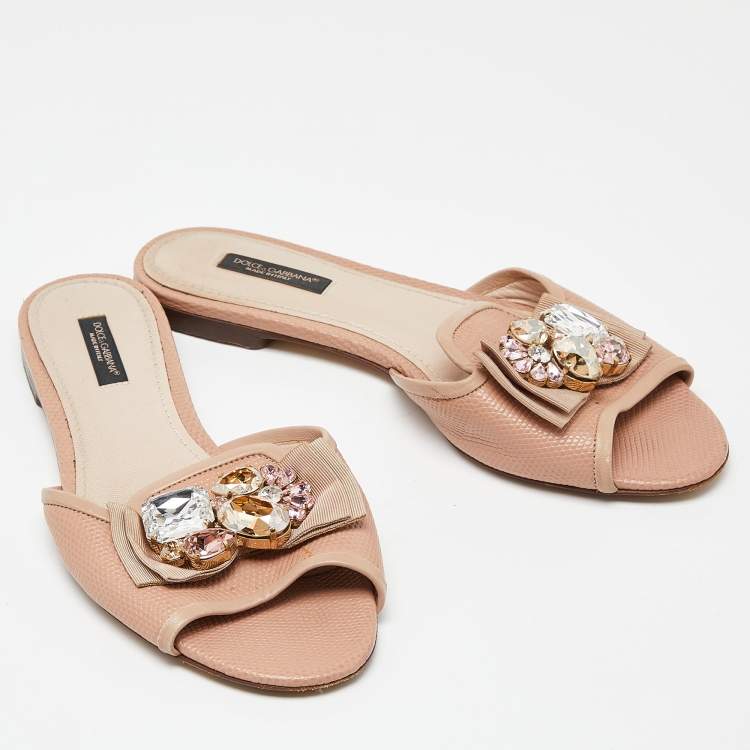 Pre Owned Dolce & Gabbana Pink Lizard Embossed Leather Crystal Embellished Bow Flat Slides Size 37