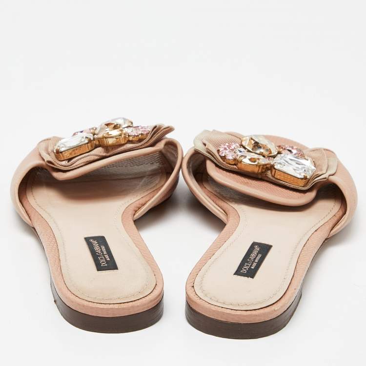 Pre Owned Dolce & Gabbana Pink Lizard Embossed Leather Crystal Embellished Bow Flat Slides Size 37
