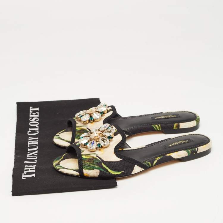 Pre Owned Dolce & Gabbana Tricolor Printed Canvas Crystal Embellished Flat Slides Size 37