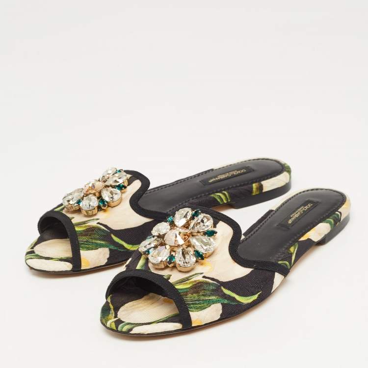 Pre Owned Dolce & Gabbana Tricolor Printed Canvas Crystal Embellished Flat Slides Size 37