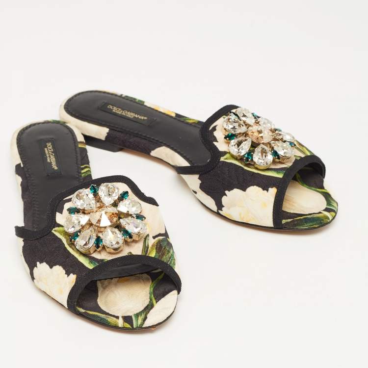 Pre Owned Dolce & Gabbana Tricolor Printed Canvas Crystal Embellished Flat Slides Size 37