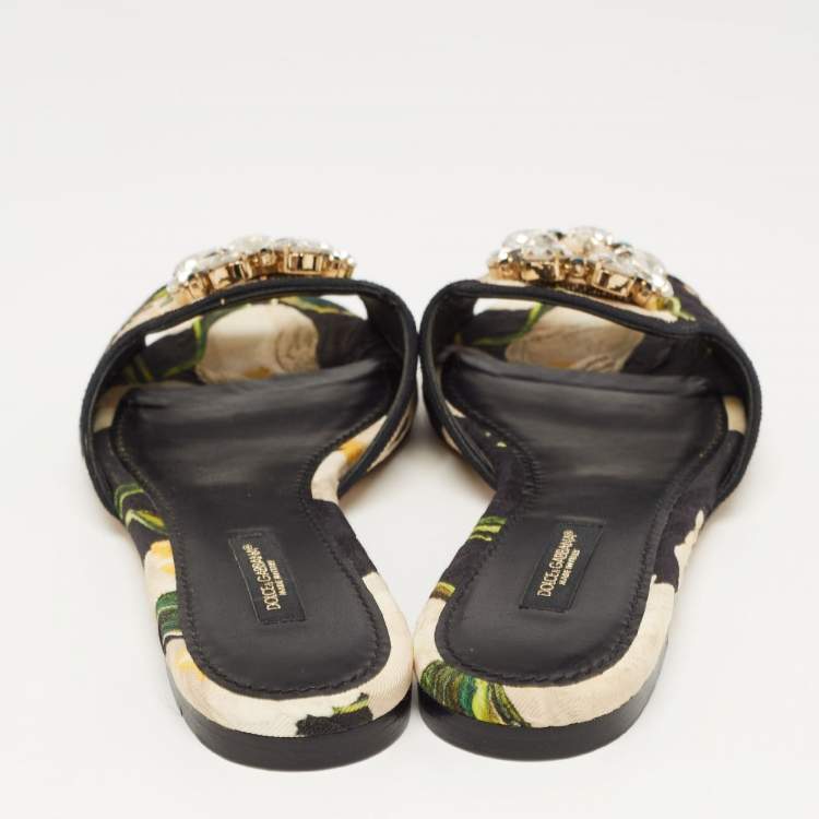 Pre Owned Dolce & Gabbana Tricolor Printed Canvas Crystal Embellished Flat Slides Size 37