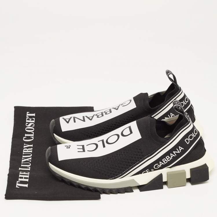 Pre Owned Dolce & Gabbana Black/White Logo Print Knit Fabric Sorrento Sneakers Size 39.5