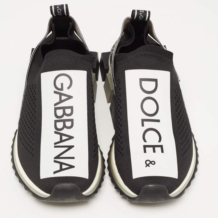 Pre Owned Dolce & Gabbana Black/White Logo Print Knit Fabric Sorrento Sneakers Size 39.5