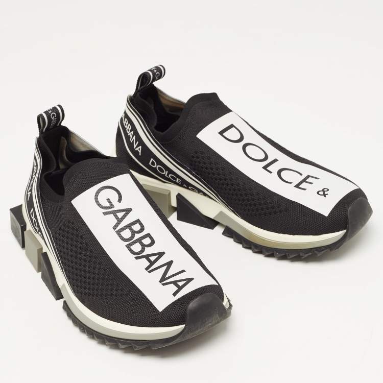 Pre Owned Dolce & Gabbana Black/White Logo Print Knit Fabric Sorrento Sneakers Size 39.5