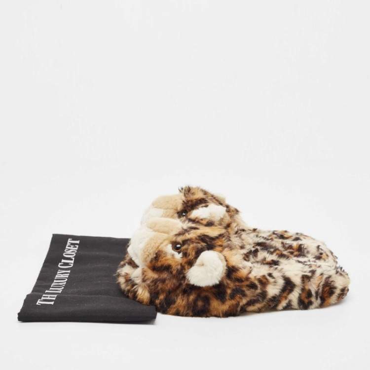 Pre Owned Dolce & Gabbana Brown Leopard Print  Fur Plush Flat Slides Size 37