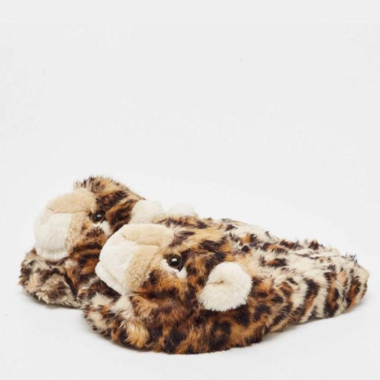 Pre Owned Dolce & Gabbana Brown Leopard Print  Fur Plush Flat Slides Size 37