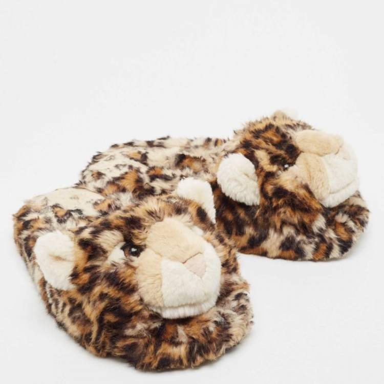 Pre Owned Dolce & Gabbana Brown Leopard Print  Fur Plush Flat Slides Size 37
