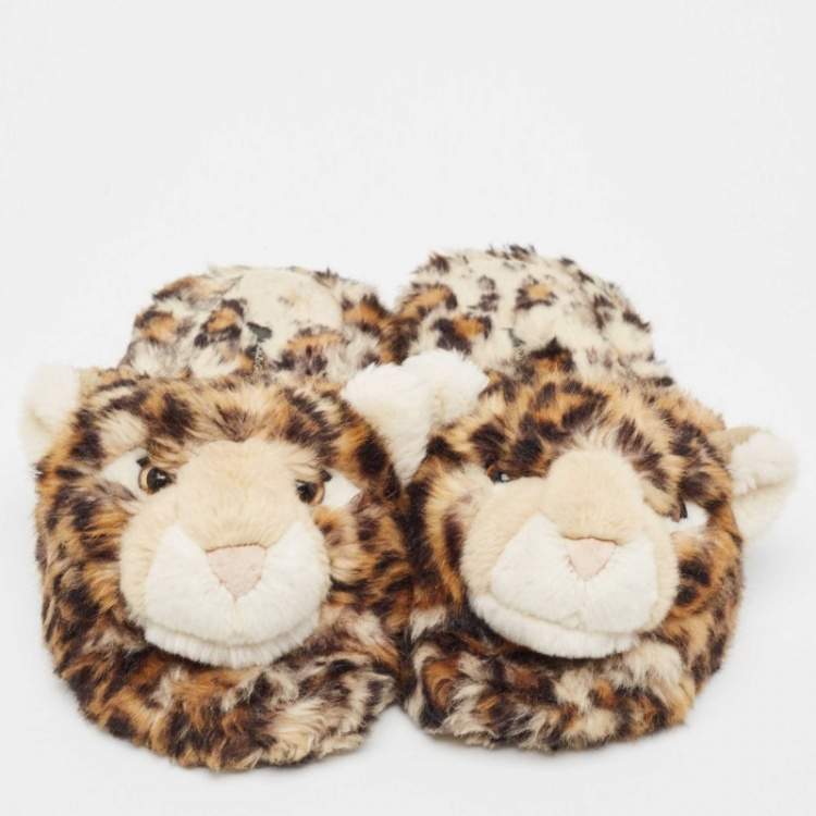 Pre Owned Dolce & Gabbana Brown Leopard Print  Fur Plush Flat Slides Size 37