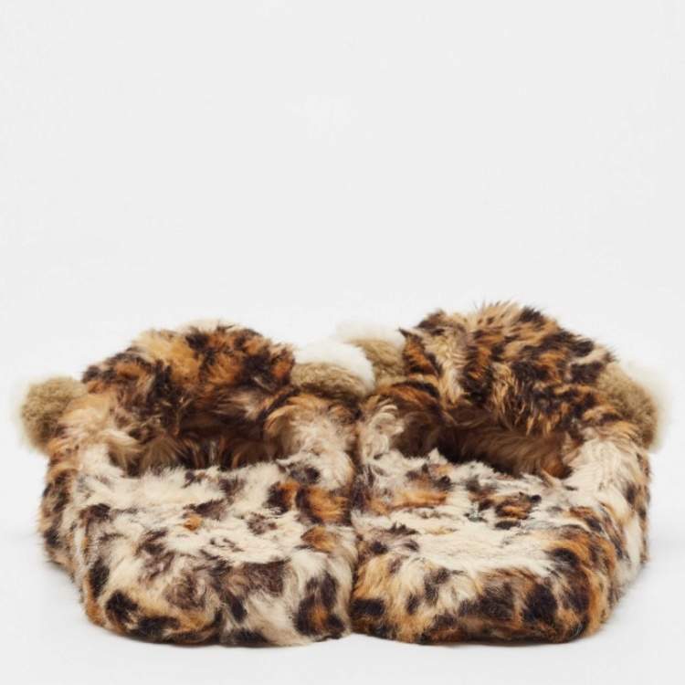 Pre Owned Dolce & Gabbana Brown Leopard Print  Fur Plush Flat Slides Size 37
