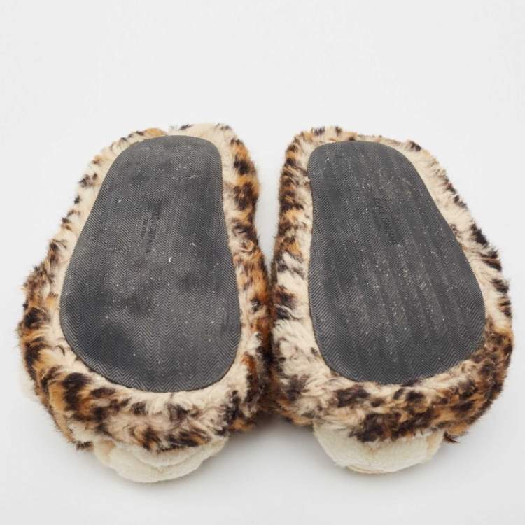 Pre Owned Dolce & Gabbana Brown Leopard Print  Fur Plush Flat Slides Size 37