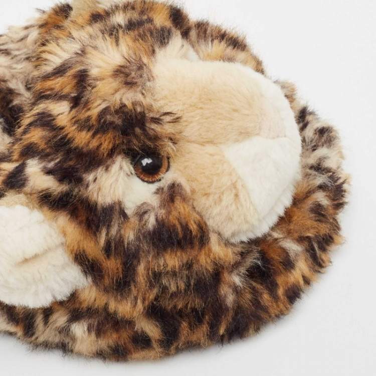 Pre Owned Dolce & Gabbana Brown Leopard Print  Fur Plush Flat Slides Size 37