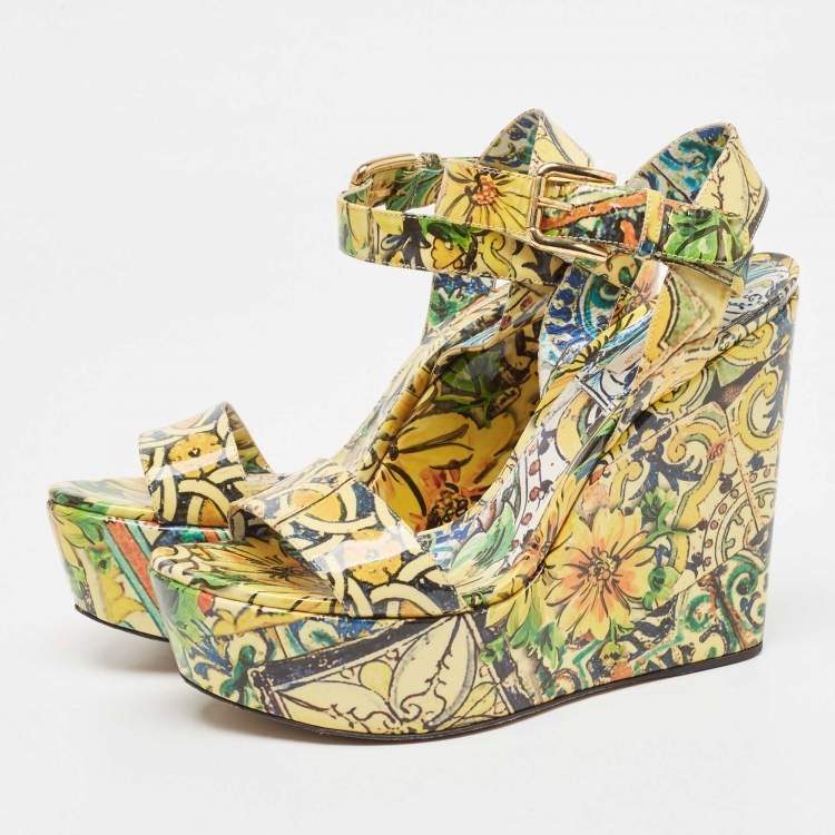Pre Owned Dolce & Gabbana Multicolor Patent Wedge Platform Ankle Strap Sandals Size 40