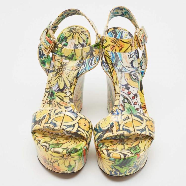 Pre Owned Dolce & Gabbana Multicolor Patent Wedge Platform Ankle Strap Sandals Size 40