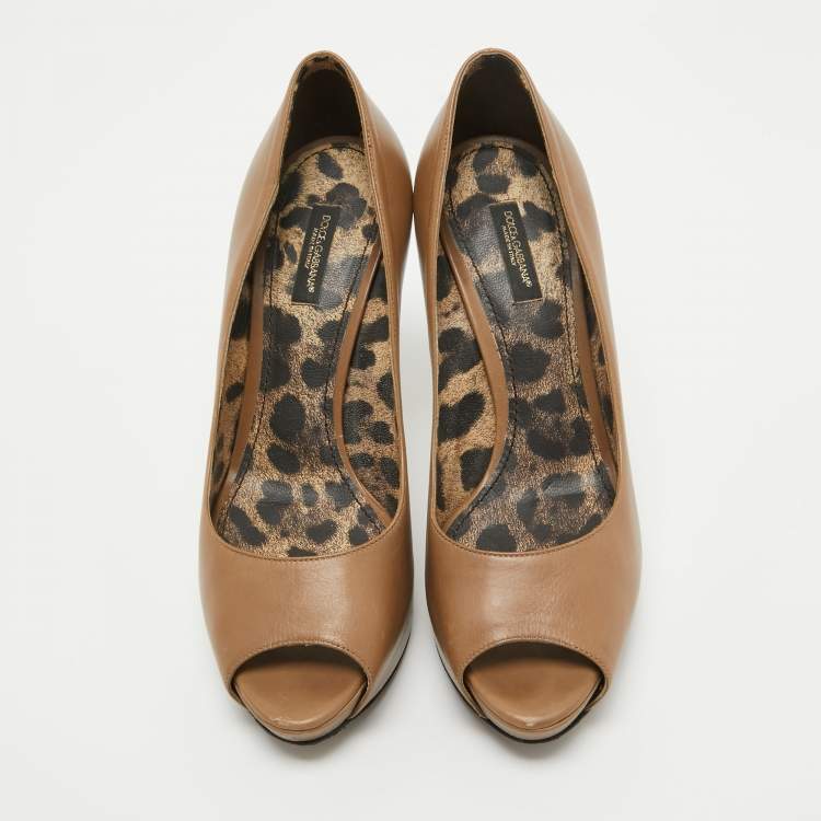 Pre Owned Dolce & Gabbana Light Brown Leather Peep Toe Platform Pumps Size 38.5