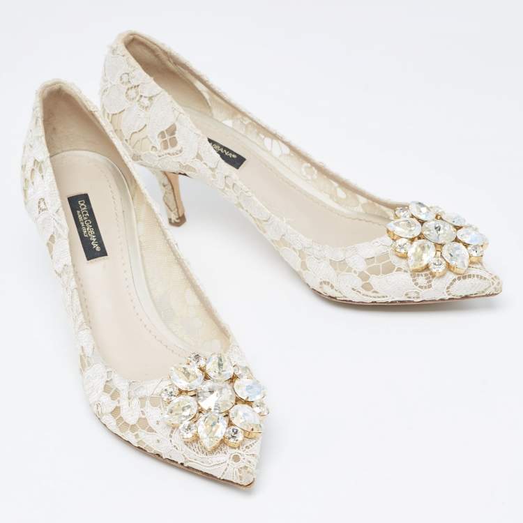 Pre Owned Dolce & Gabbana White Lace Crystal Embellished Taormina Pumps Size 36.5