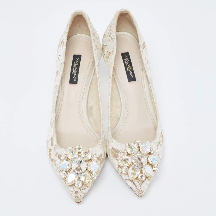 Pre Owned Dolce & Gabbana White Lace Crystal Embellished Taormina Pumps Size 36.5