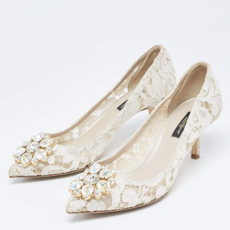 Pre Owned Dolce & Gabbana White Lace Crystal Embellished Taormina Pumps Size 36.5